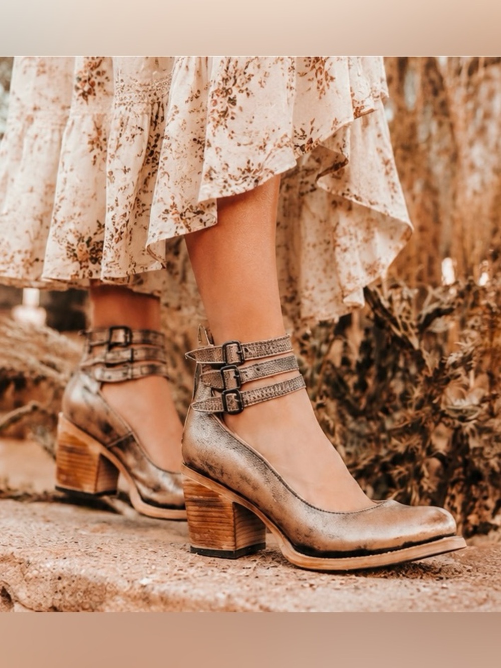 Freebird Randi Pewter Leather Triple Buckle Heels